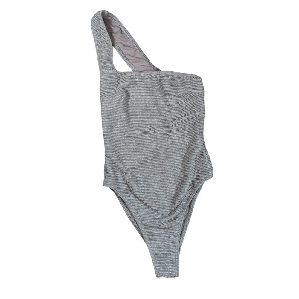 NWT RUMER The Label One Shoulder Swimsuit Gray Shimmery Fabric Size XS
